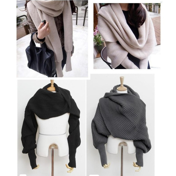 Unisex Warm Knit Scarf Sweater Shawl w/ Sleeves - Picture 2 of 6